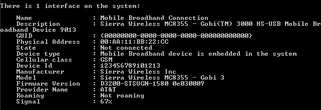 Result of "netsh mbn" with a Sierra Wireless GOBI WWAN card installed.